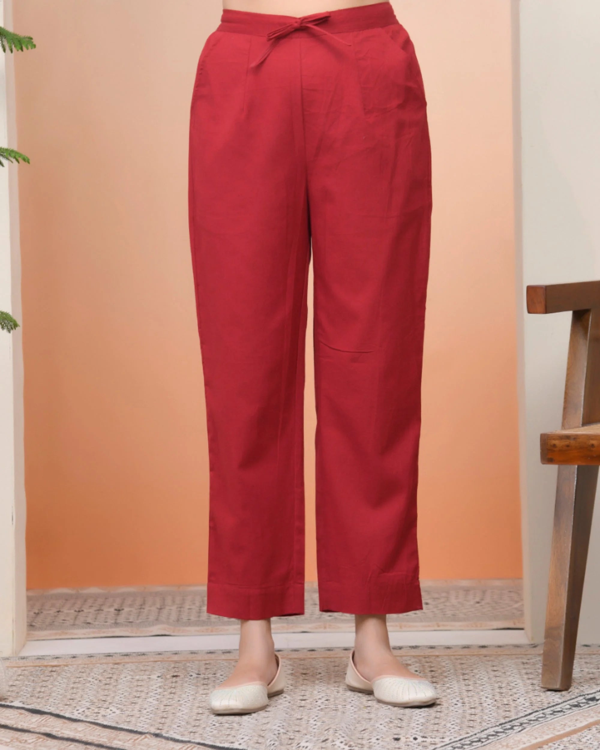 Women Maroon Cotton Flax Solid Straight Pants