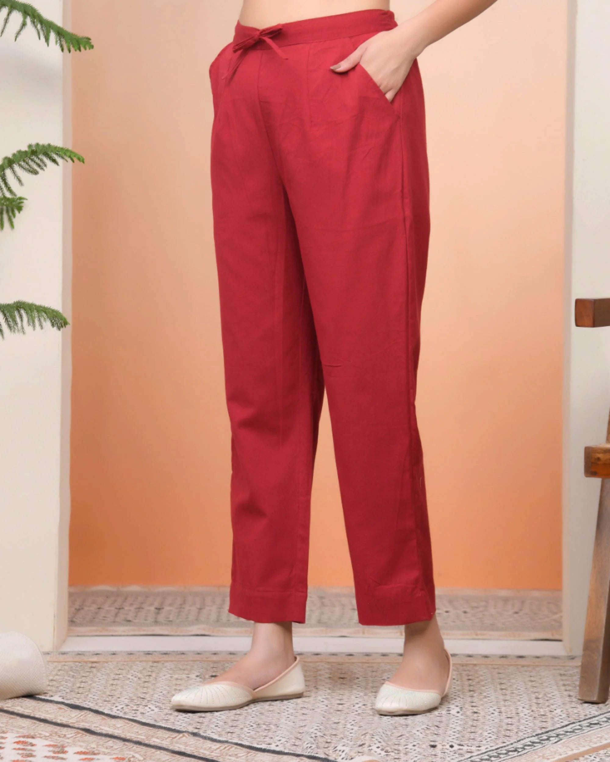 Women Maroon Cotton Flax Solid Straight Pants