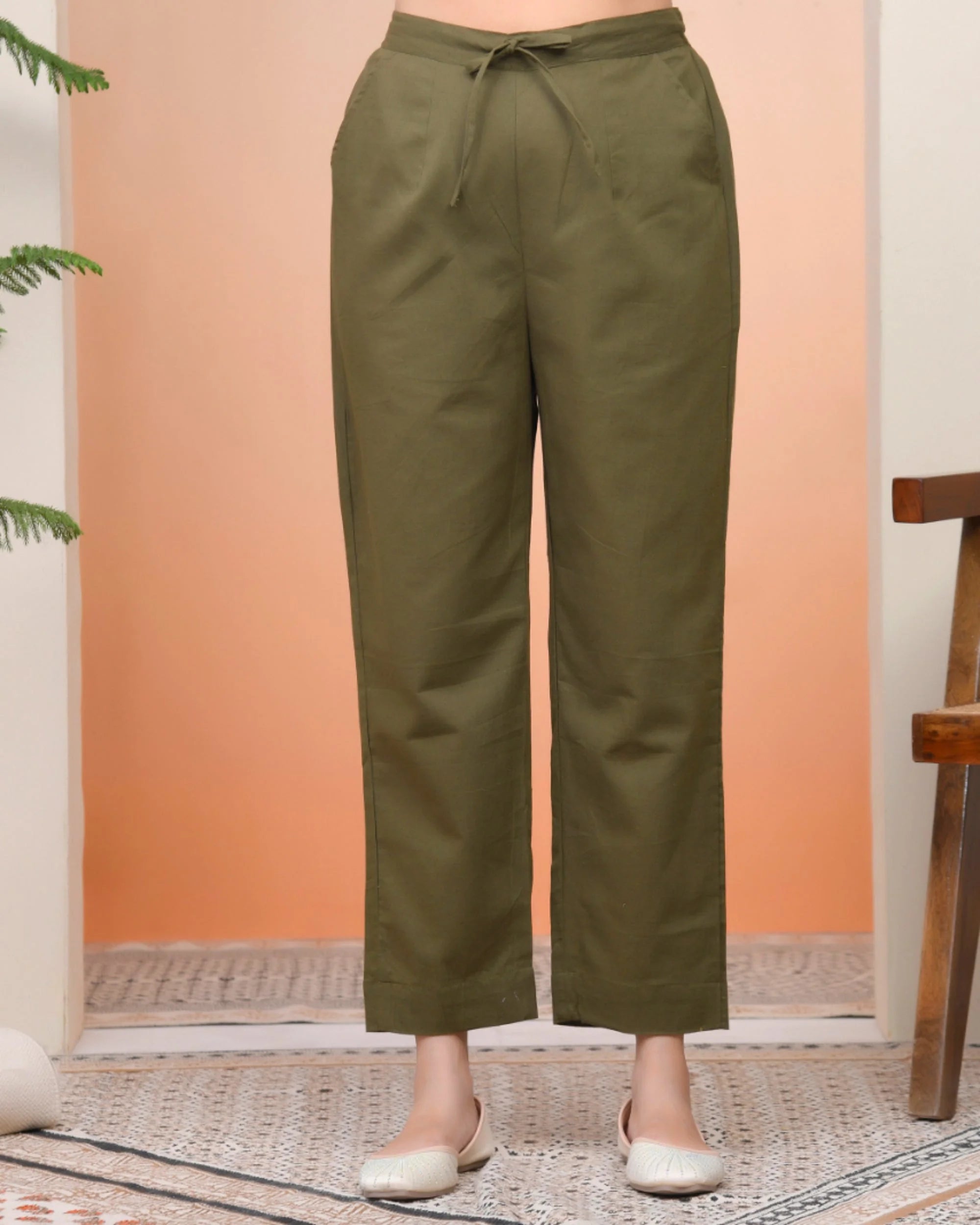 Women Olive Green Cotton Flax Solid Straight Pants