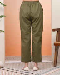 Women Olive Green Cotton Flax Solid Straight Pants-208VAASOLIVEGREEN