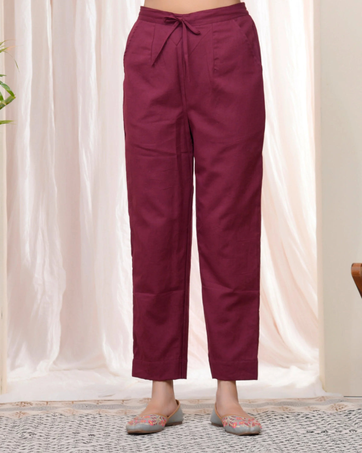 Women Magenta Cotton Flax Solid Straight Pants-209VAASMAGENTA