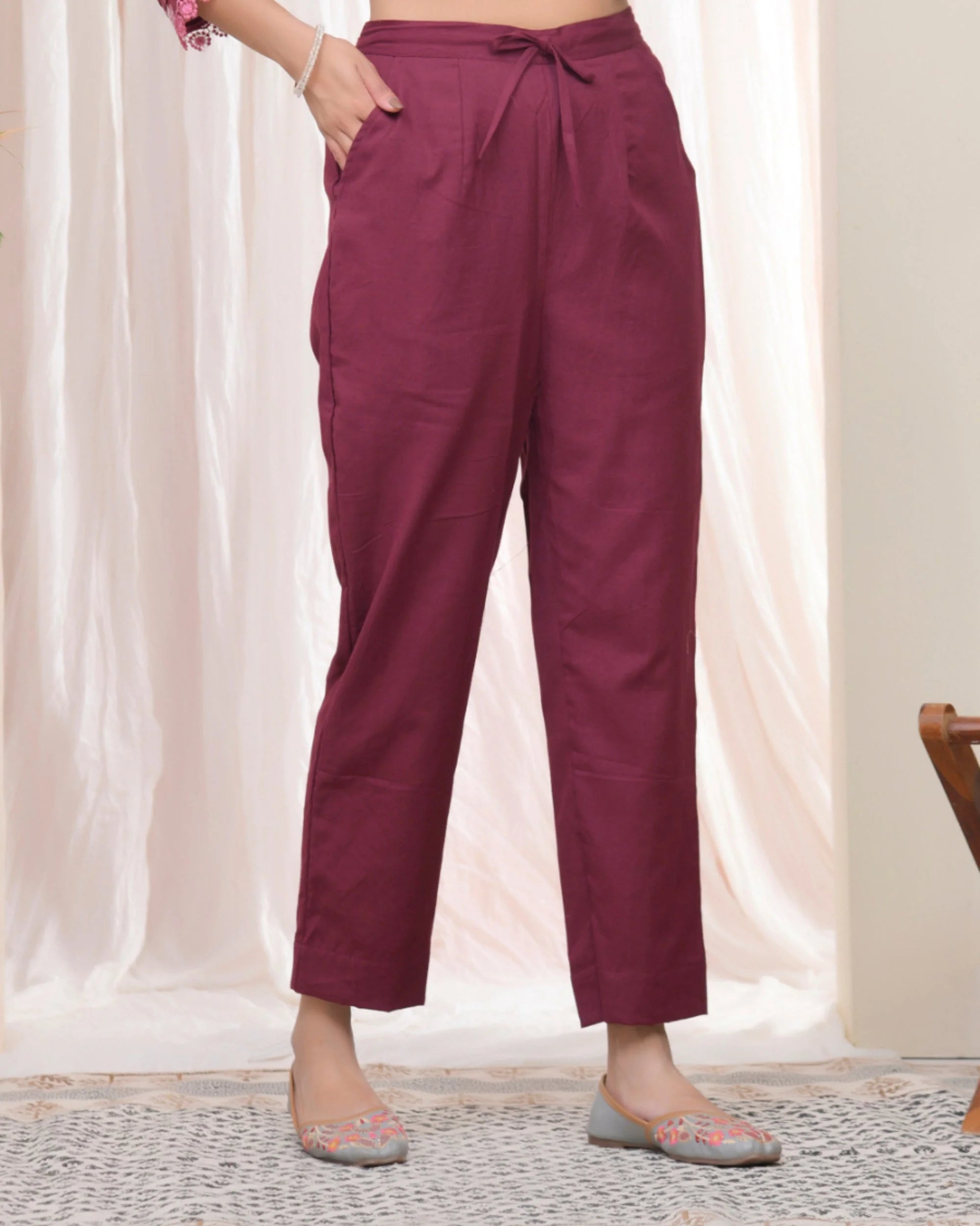 Women Magenta Cotton Flax Solid Straight Pants