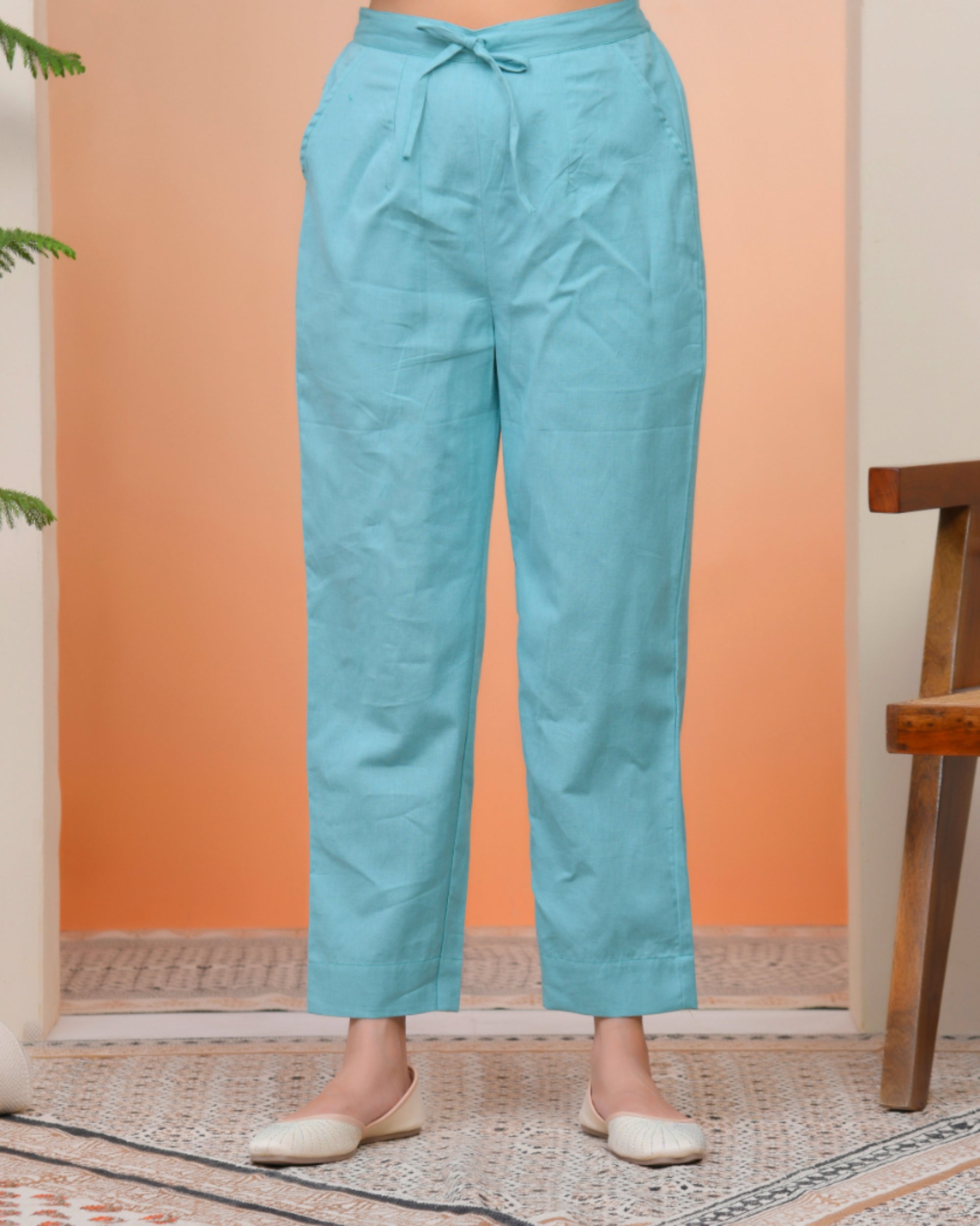 Women Turquoise Cotton Flax Solid Straight Pants
