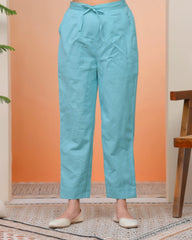 Women Turquoise Cotton Flax Solid Straight Pants-210VAASTURQUOISE