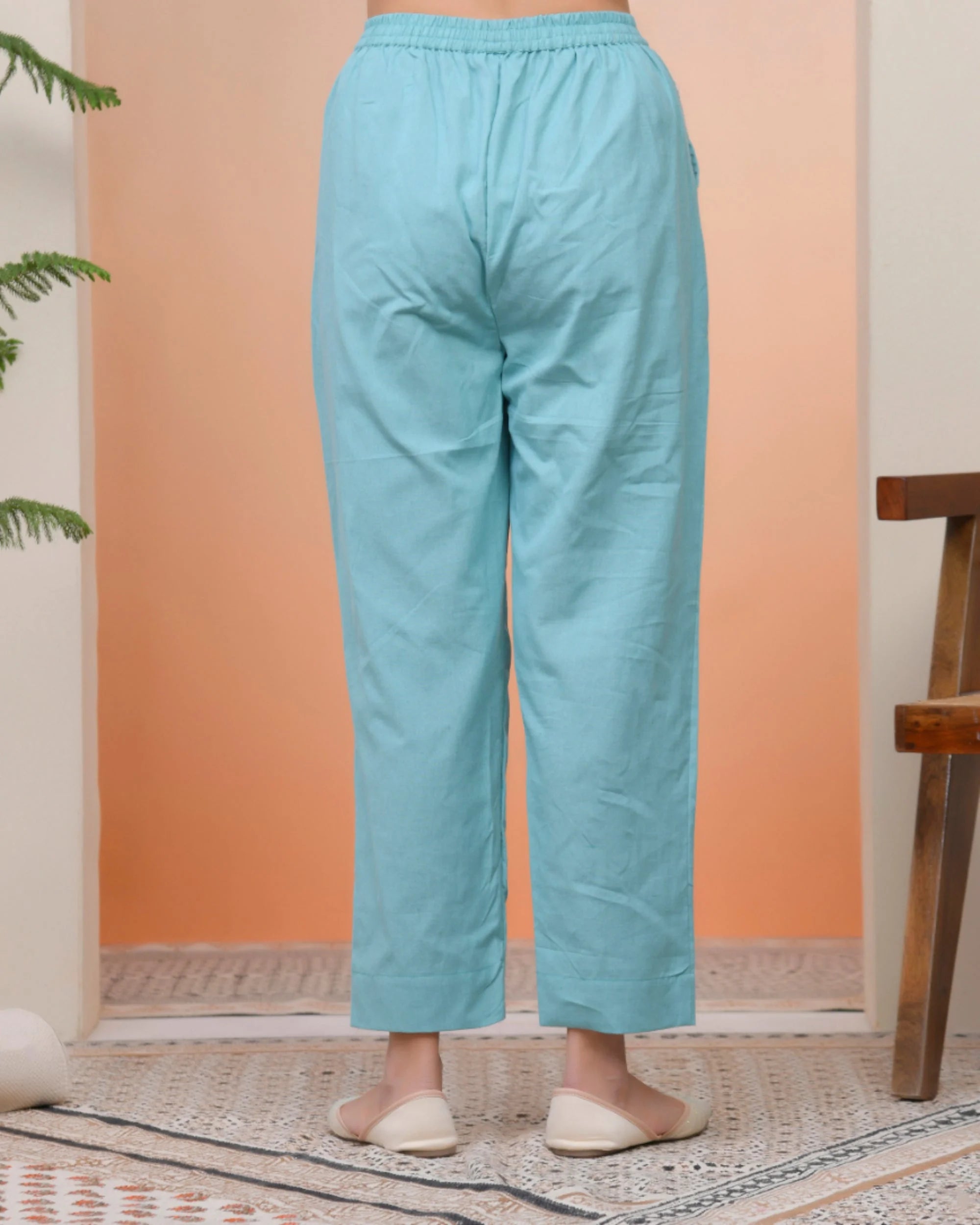 Women Turquoise Cotton Flax Solid Straight Pants