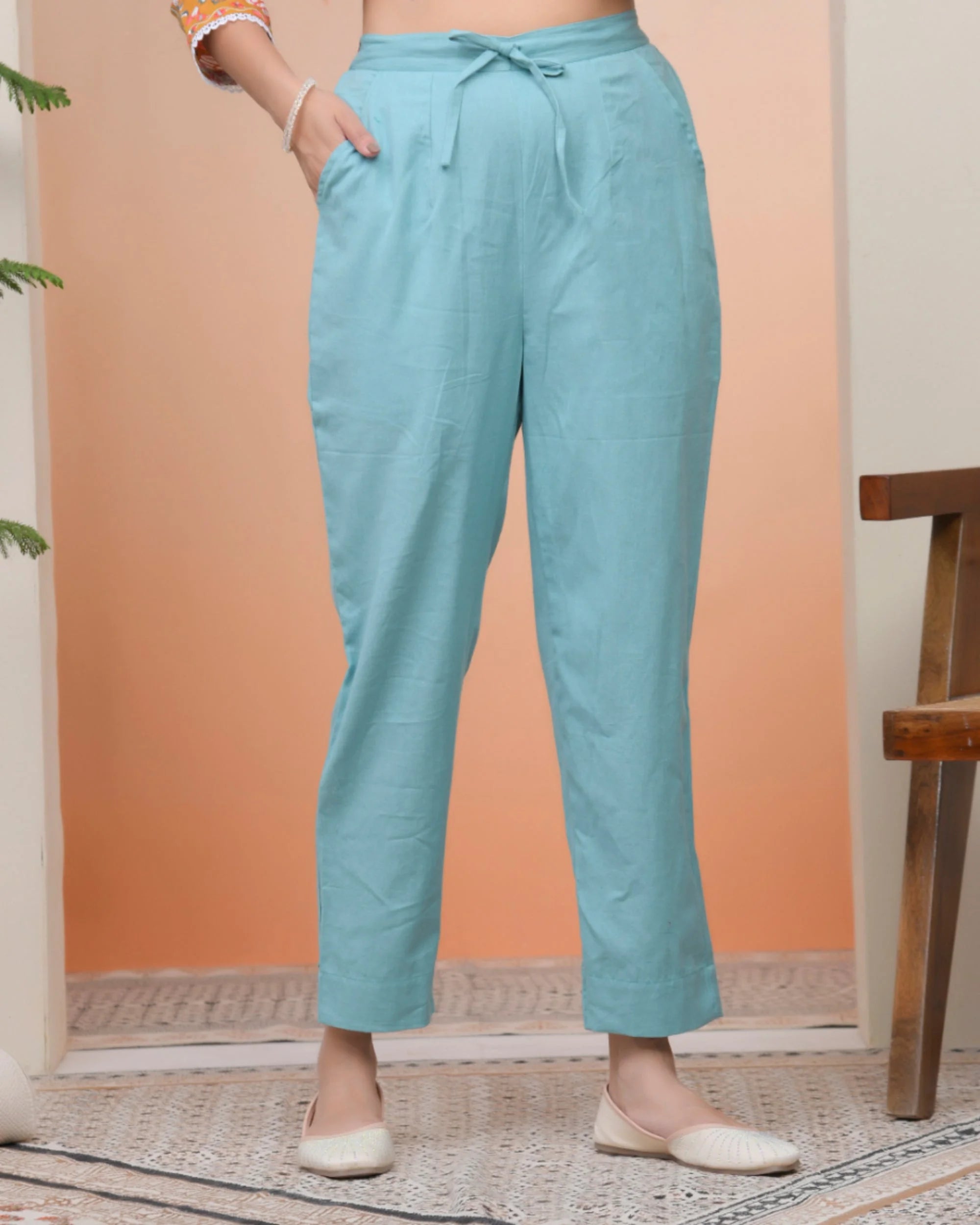 Women Turquoise Cotton Flax Solid Straight Pants