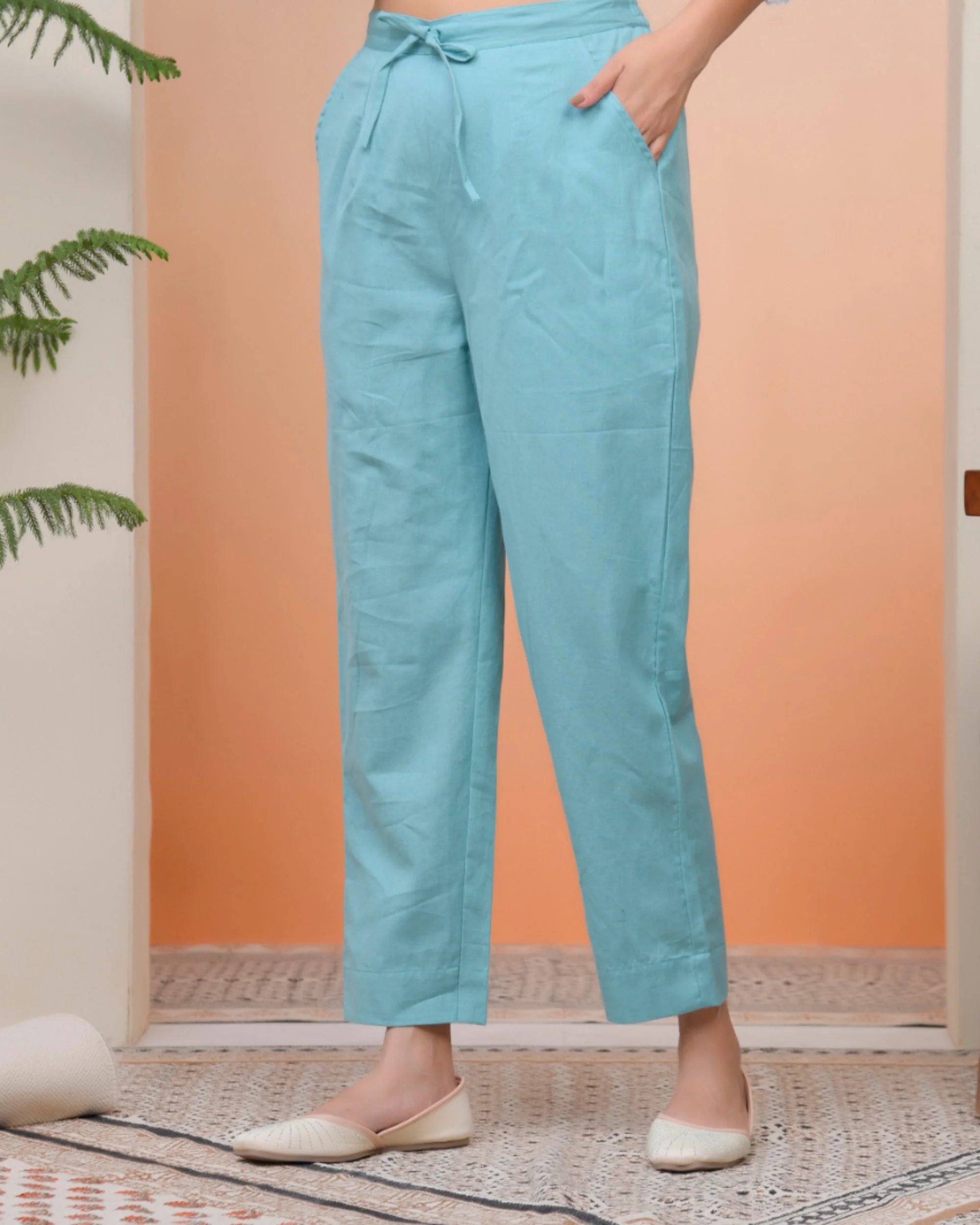 Women Turquoise Cotton Flax Solid Straight Pants