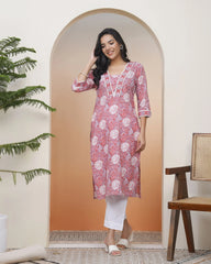 Women Nude Pink Cotton printed Straight Kurti-213VAASNUDEPINK