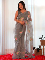 Women's Organza Grey Embellished Designer Saree With Blouse Piece-21KAVI2102