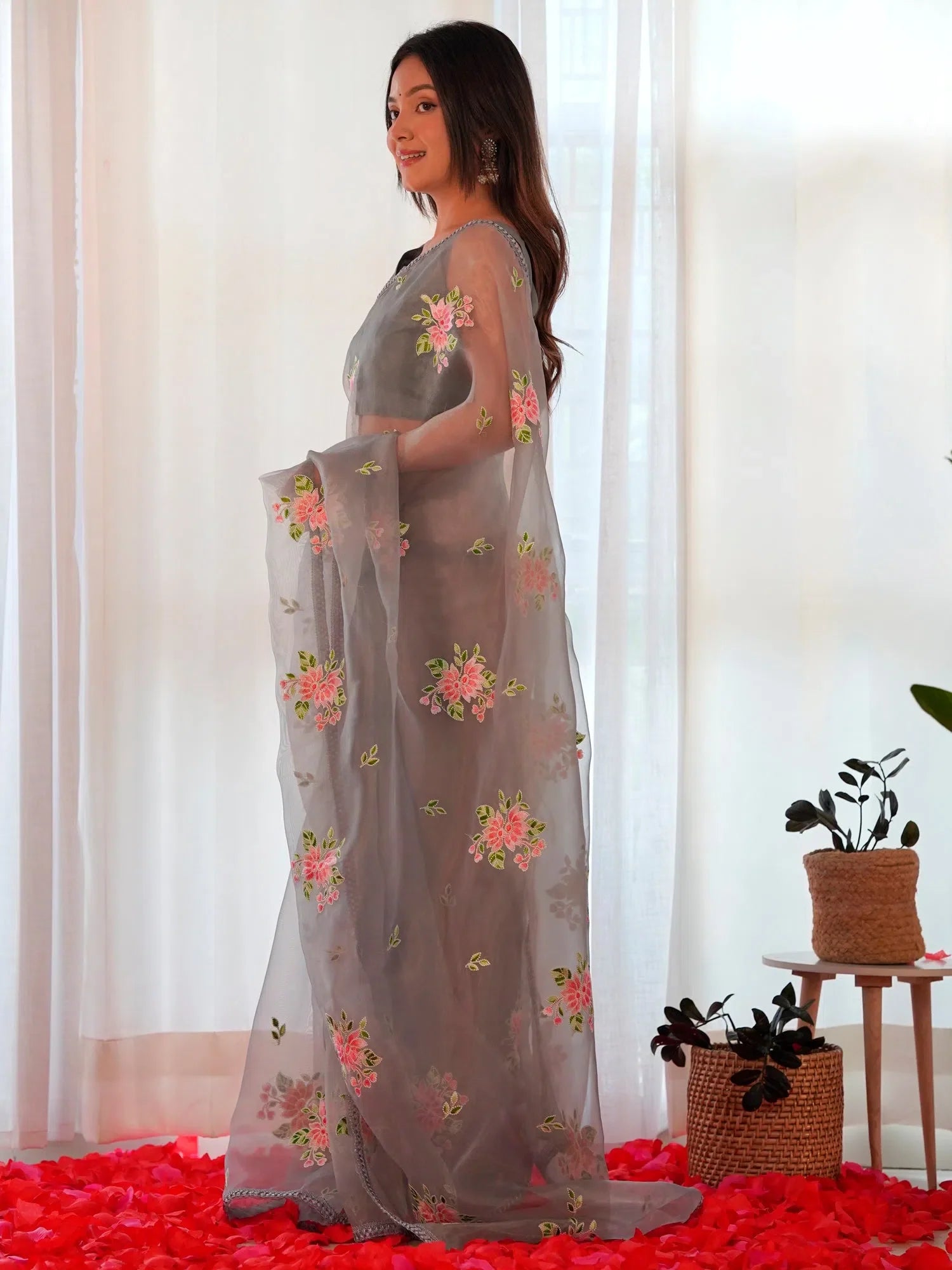 Grey Embellished Organza Saree | Indian Sarees