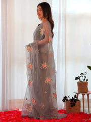 Women's Organza Grey Embellished Designer Saree With Blouse Piece-21KAVI2102
