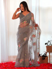 Women's Organza Grey Embellished Designer Saree With Blouse Piece-21KAVI2102