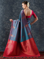 Women's  Blend Teal Blue Woven Design Designer Saree With Blouse Piece-21PAKHI2105