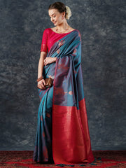 Women's  Blend Teal Blue Woven Design Designer Saree With Blouse Piece-21PAKHI2105