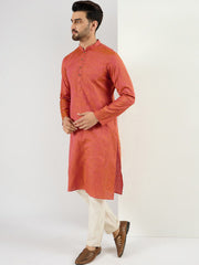 Ethnic Bay Men Orange Cotton Solid Woven Design Straight Kurta With Pant Set-MKSET1094
