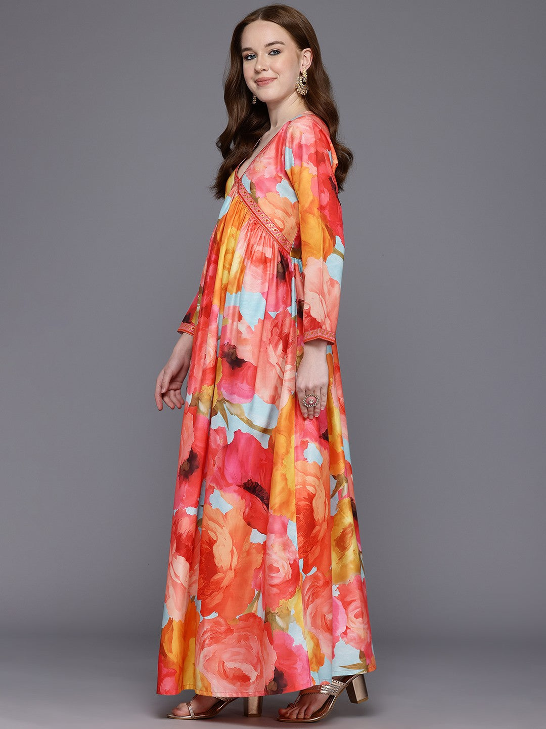 Floral Silk Empire Maxi Dress - Indian Dresses Online