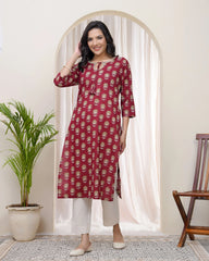 Women Maroon Cotton printed Straight Kurti-220VAASMAROON