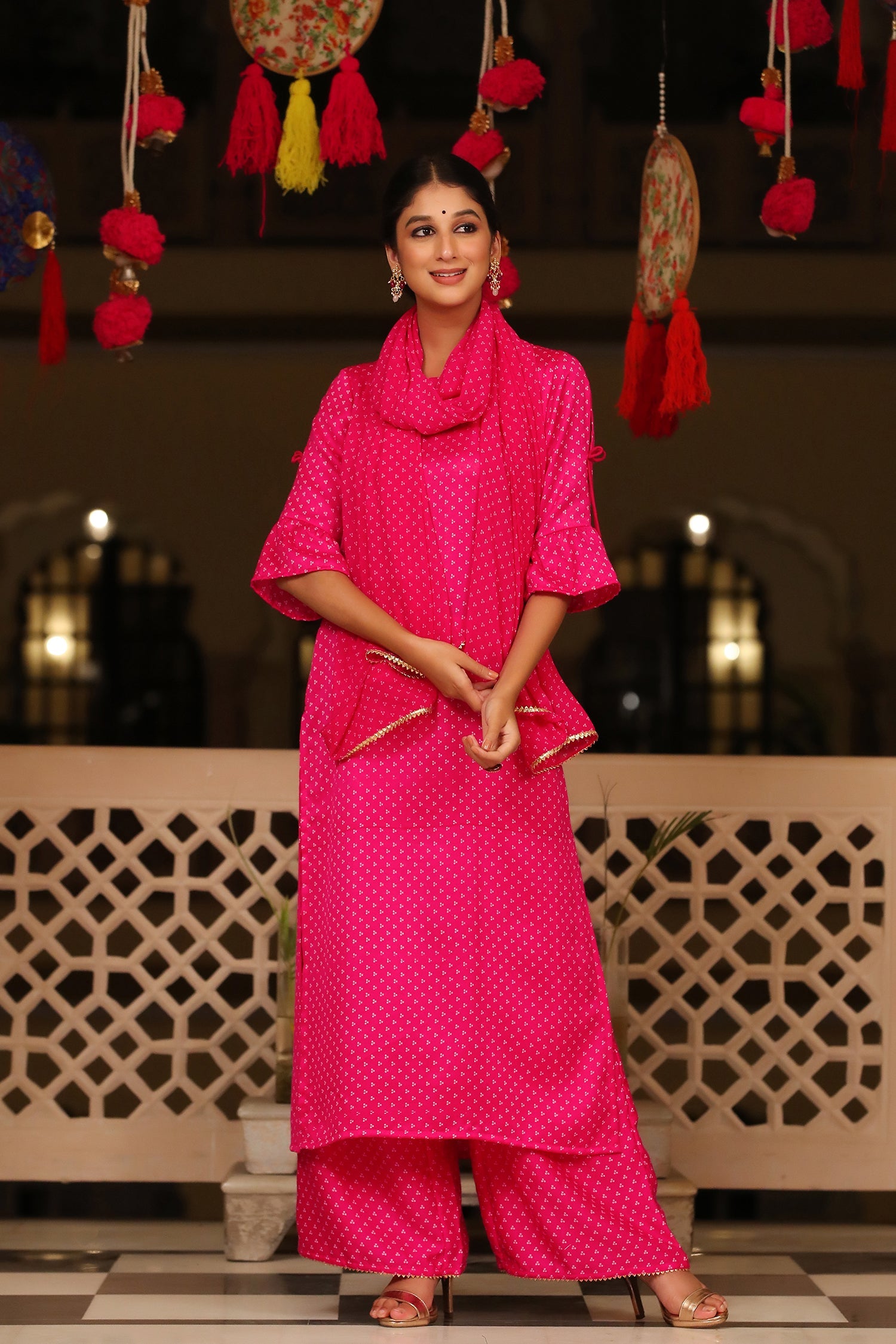 Fuchsia Bandhani Printed Satin Kurta Pants & Georgette Dupatta Set wit