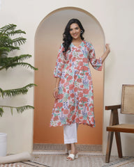 Women Peach floral Cotton printed flare Kurti-223VAASPEACH