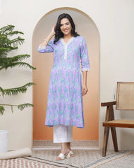 Women lavender floral Cotton printed flare Kurti-224VAASLAVENDER