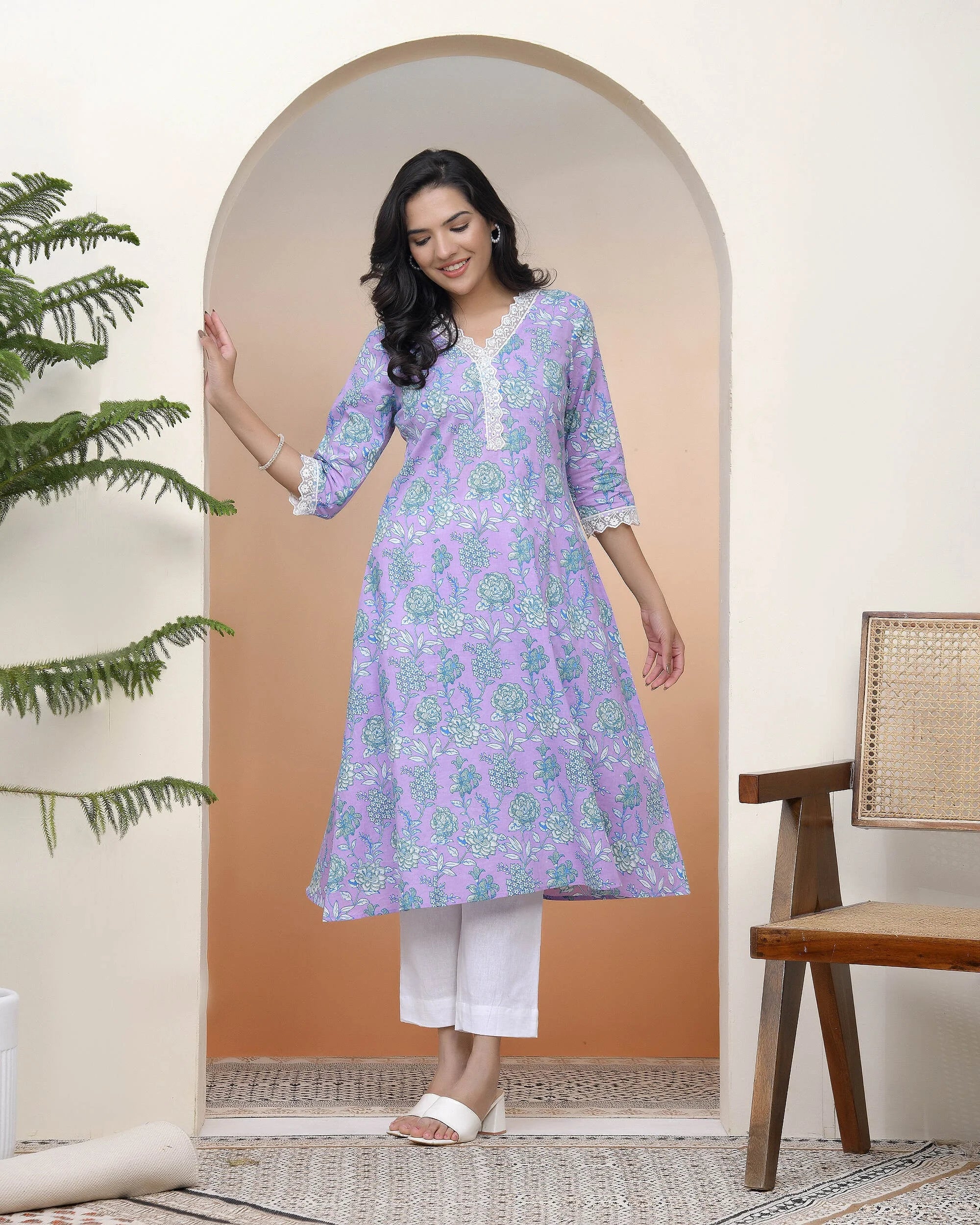 Women lavender floral Cotton printed flare Kurti
