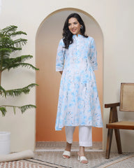 Women white floral Cotton printed flare Kurti-225VAASWHITE
