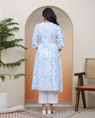 Women white floral Cotton printed flare Kurti-225VAASWHITE