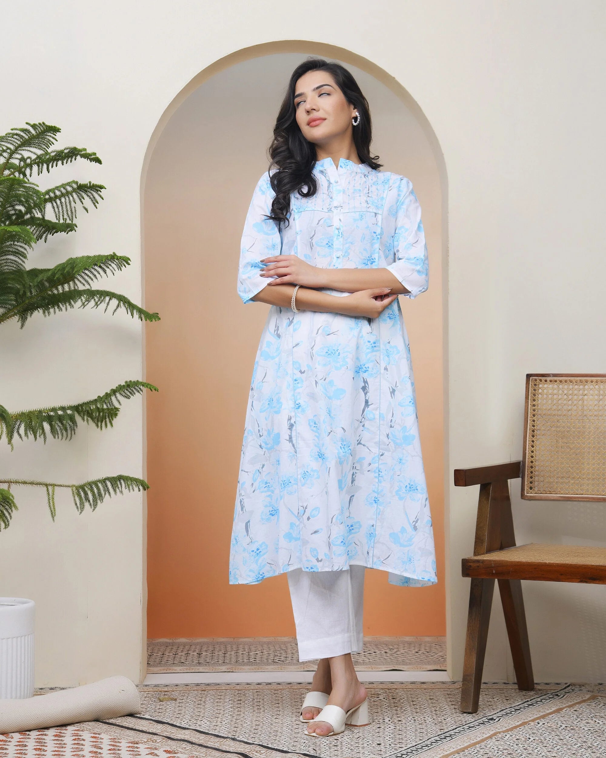 Women white floral Cotton printed flare Kurti