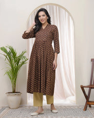 Brown boonta Cotton printed gathered Kurti-226VAASBROWN