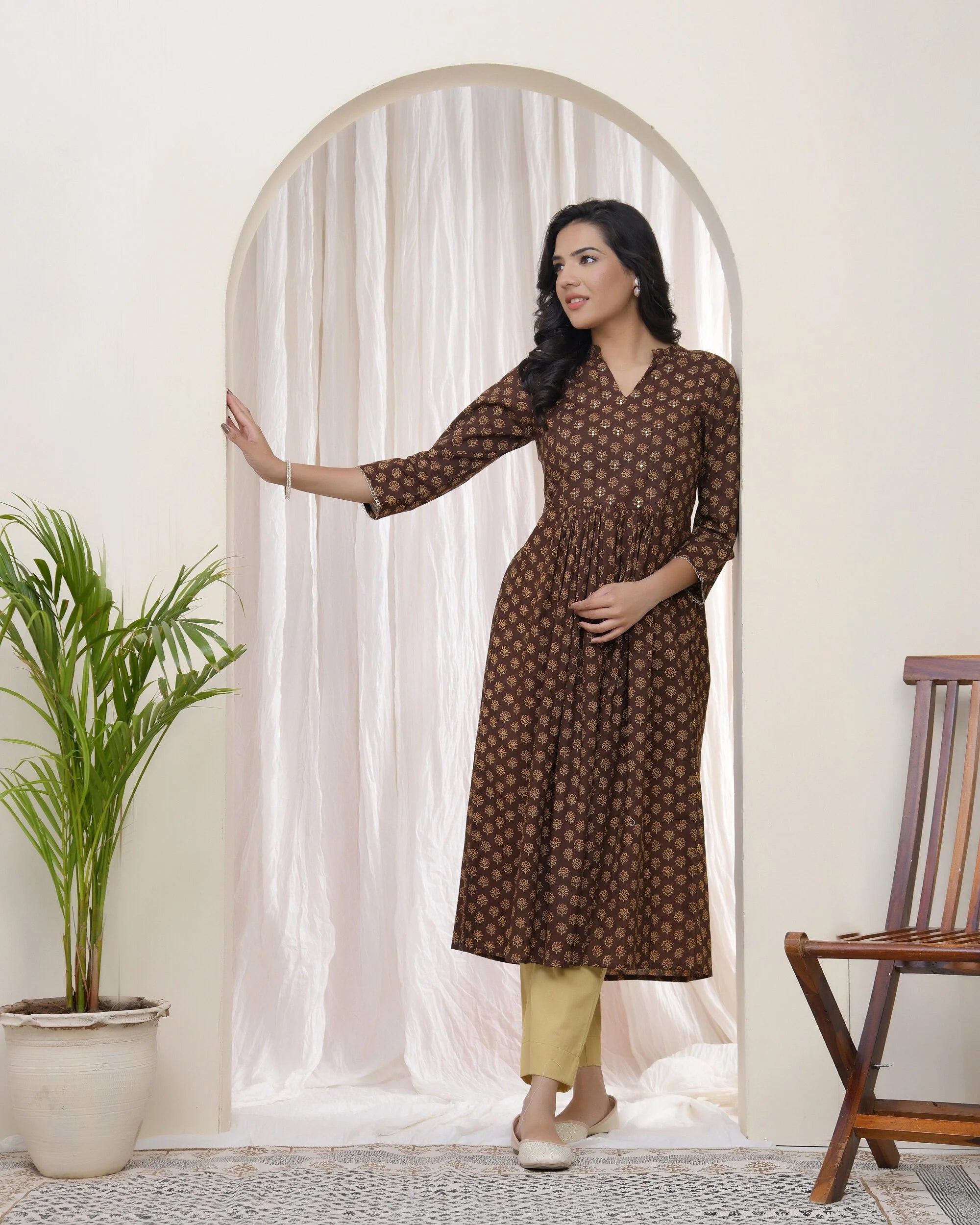 Brown boonta Cotton printed gathered Kurti