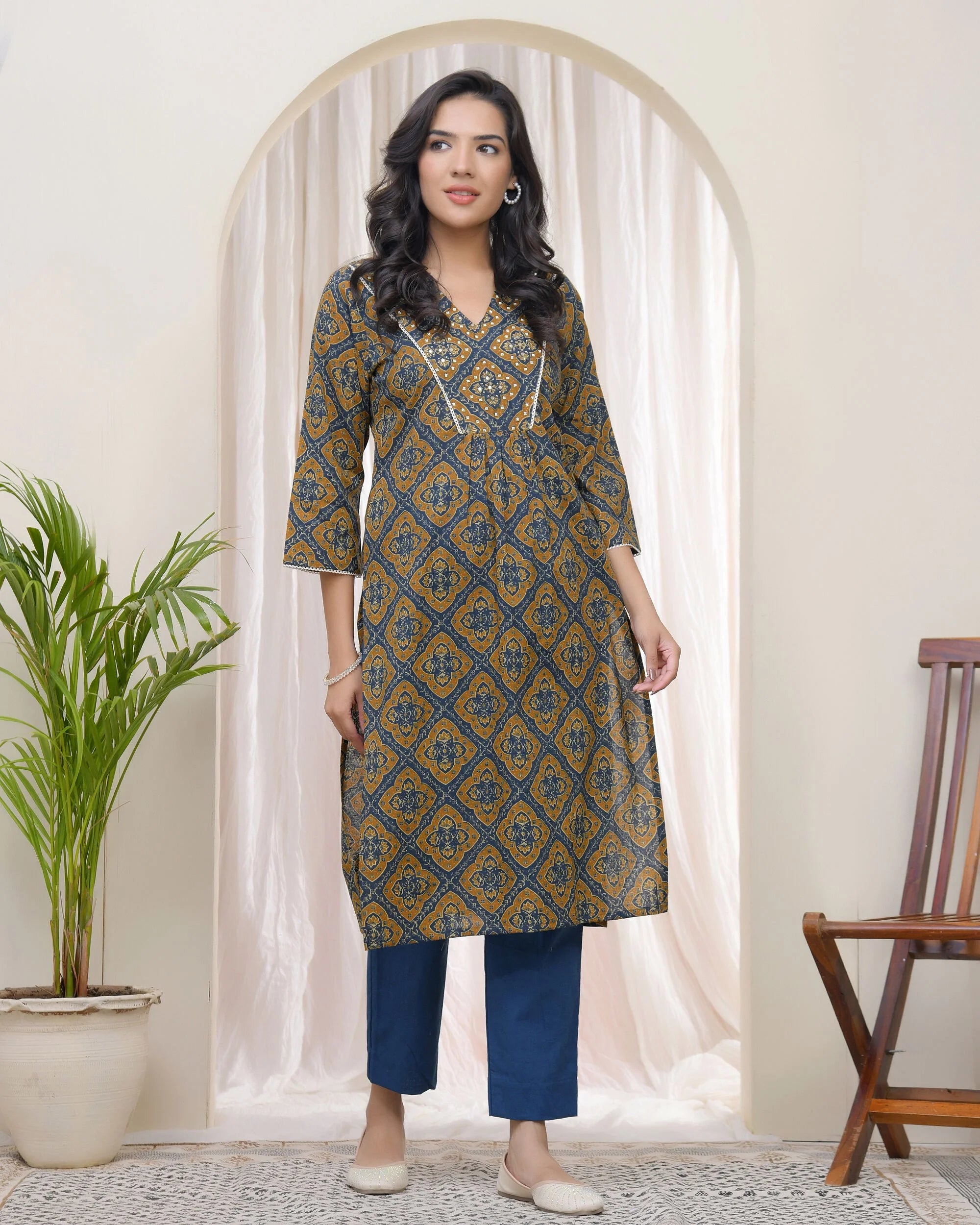 Blue ajrakh Cotton printed gathered Kurti