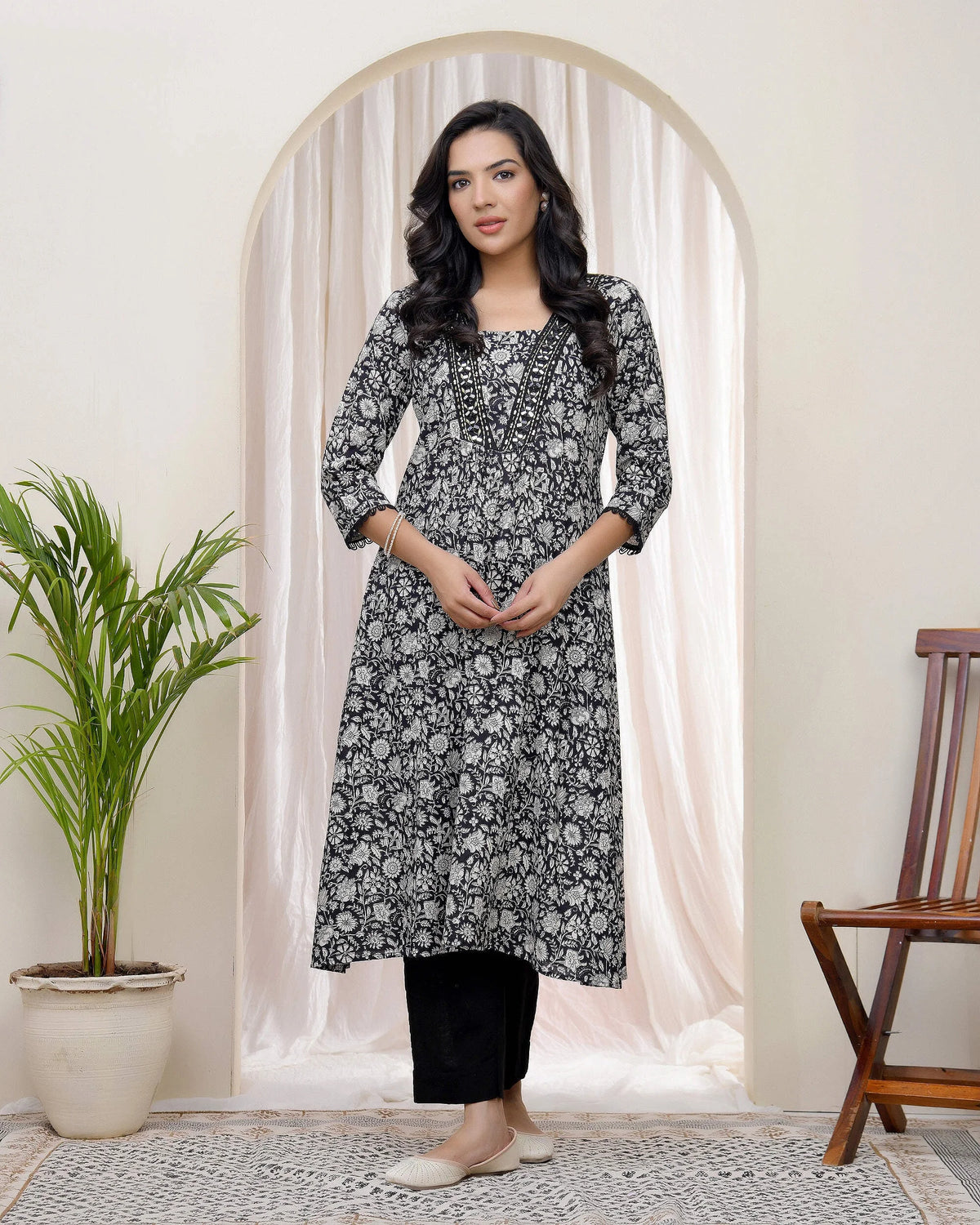Black Floral Cotton printed gathered Kurti-228VAASBLACK