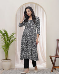 Black Floral Cotton printed gathered Kurti-228VAASBLACK