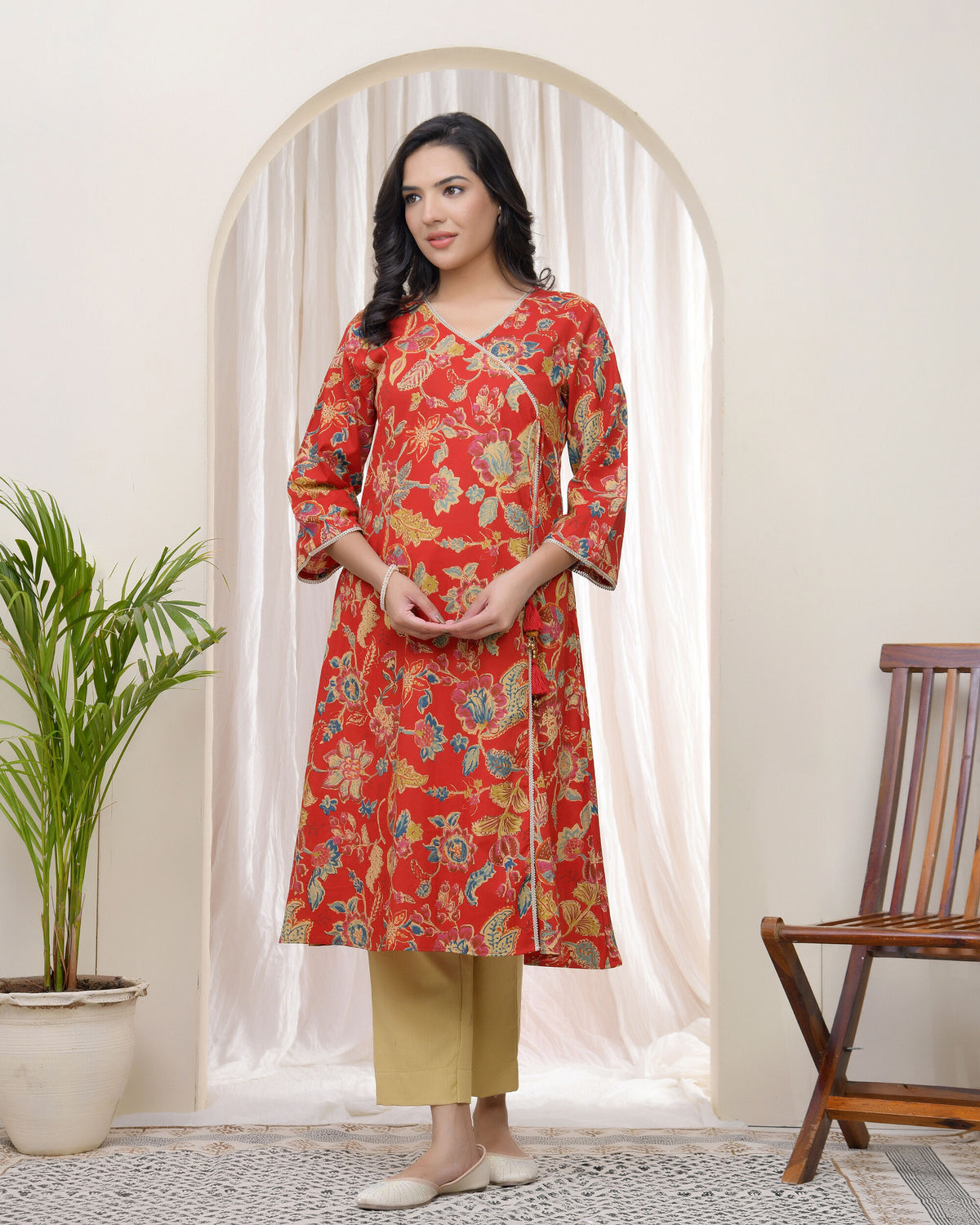 Women Red Cotton angrakha kurta-229VAASRED
