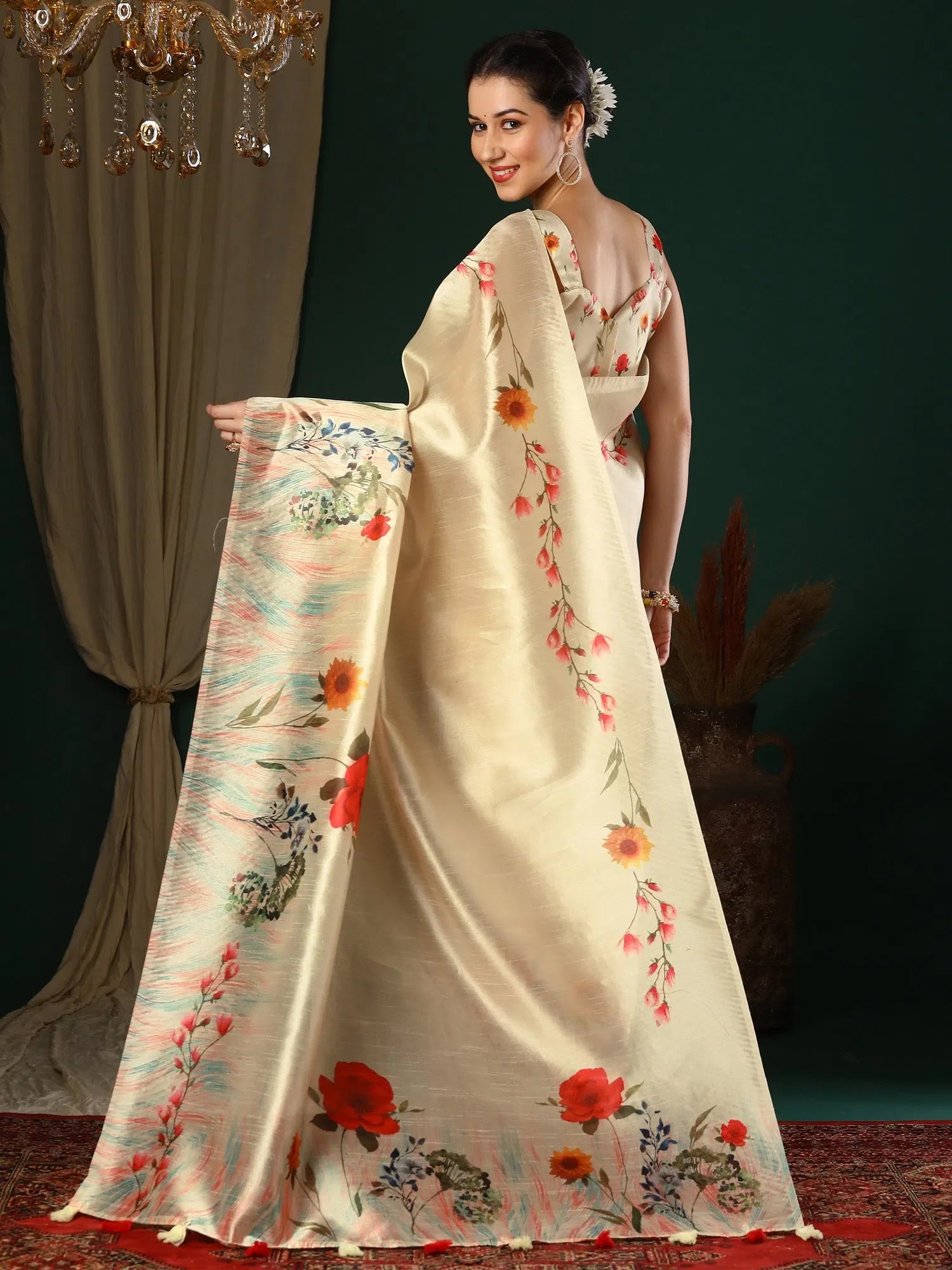 Cream Printed Designer Saree | Indian Sari Collection