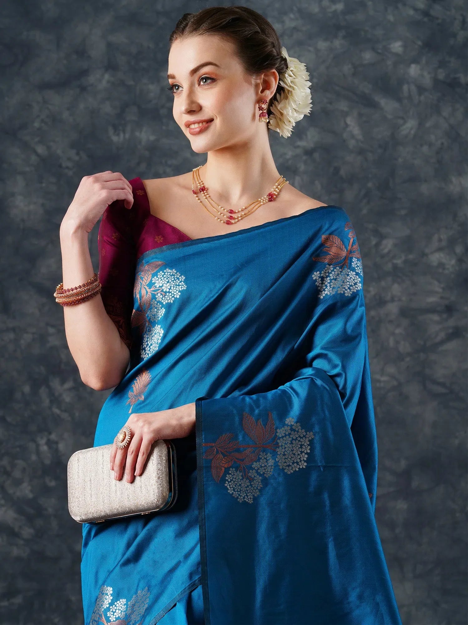 Blue Woven Polyester Saree with Blouse | Indian Sarees