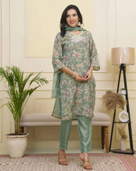 Women green tissue shimmer kurta with silk pant & dupatta-230VAASGREEN