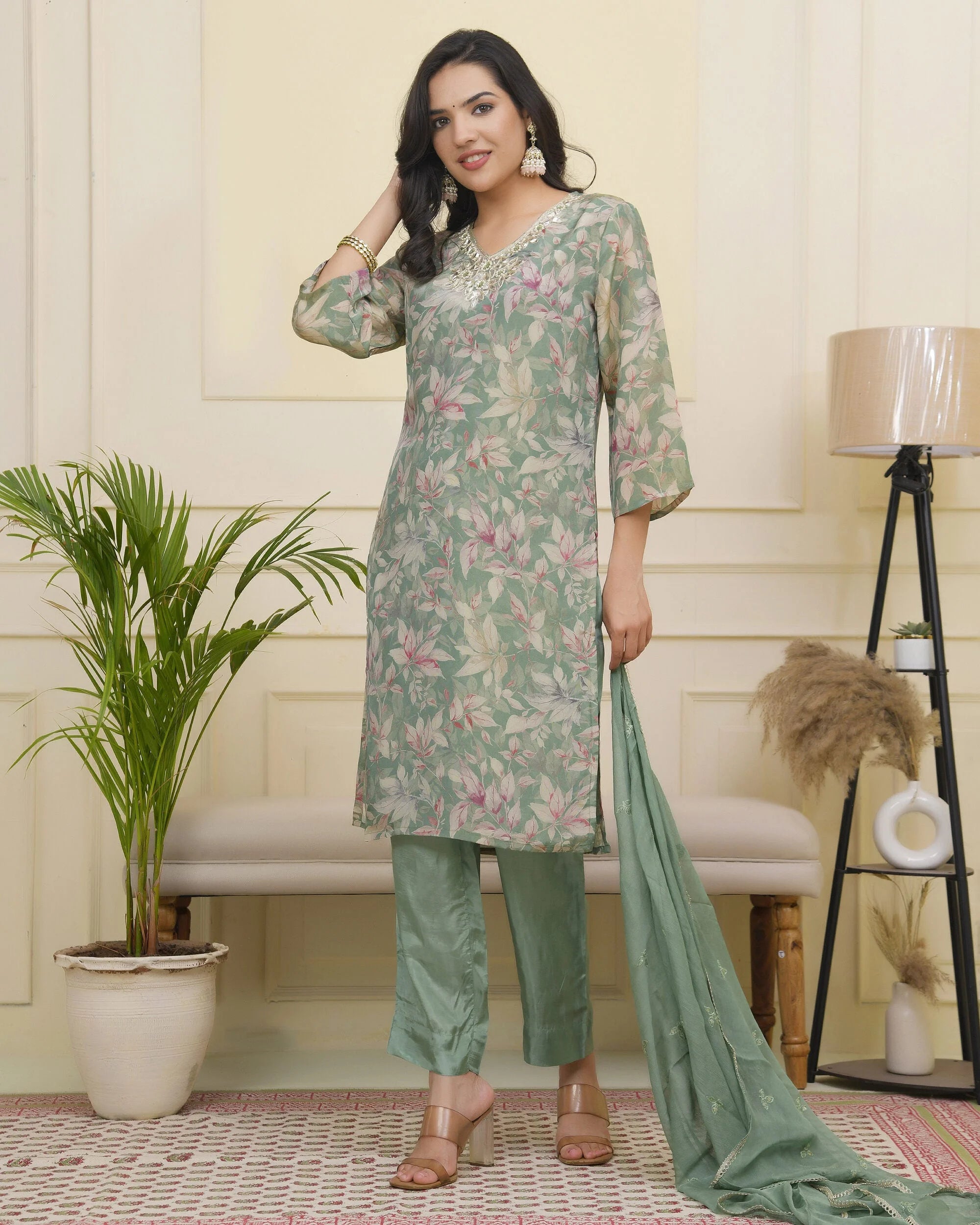 Women green tissue shimmer kurta with silk pant & dupatta