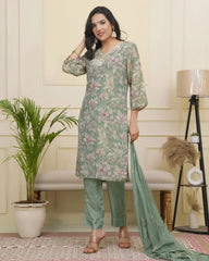 Women green tissue shimmer kurta with silk pant & dupatta-230VAASGREEN