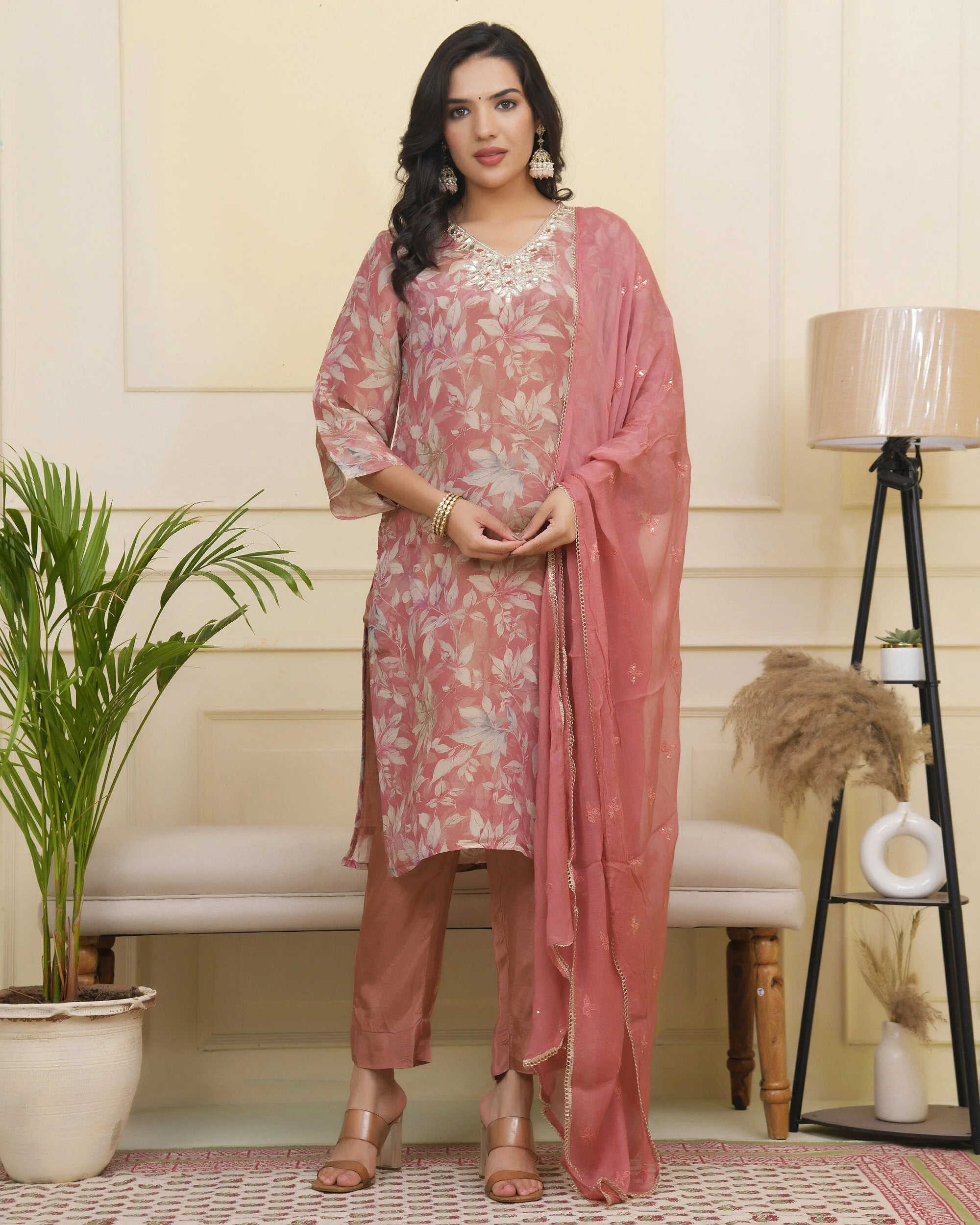 Women pink tissue shimmer kurta with silk pant & dupatta