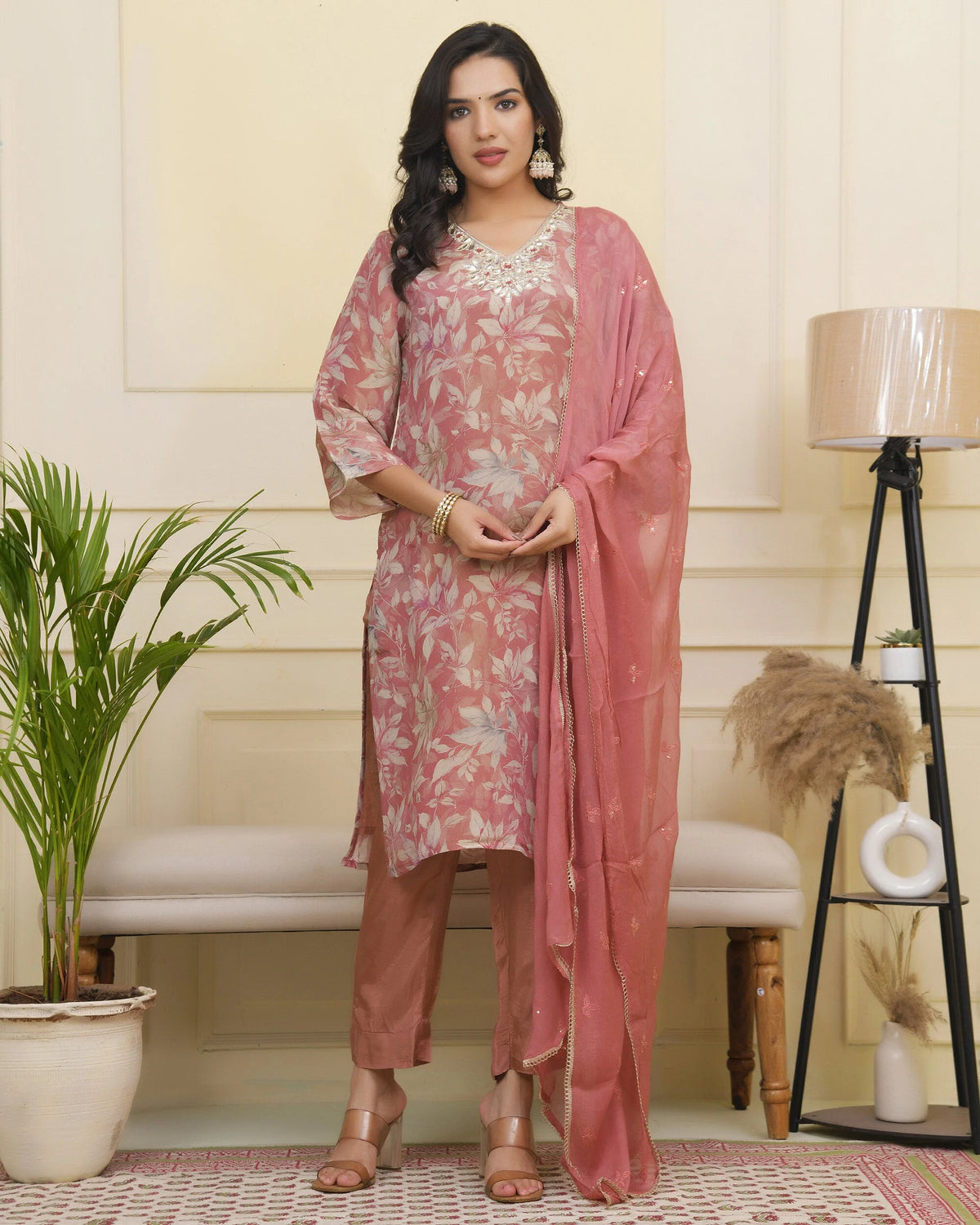Women pink tissue shimmer kurta with silk pant & dupatta-230VAASPINK