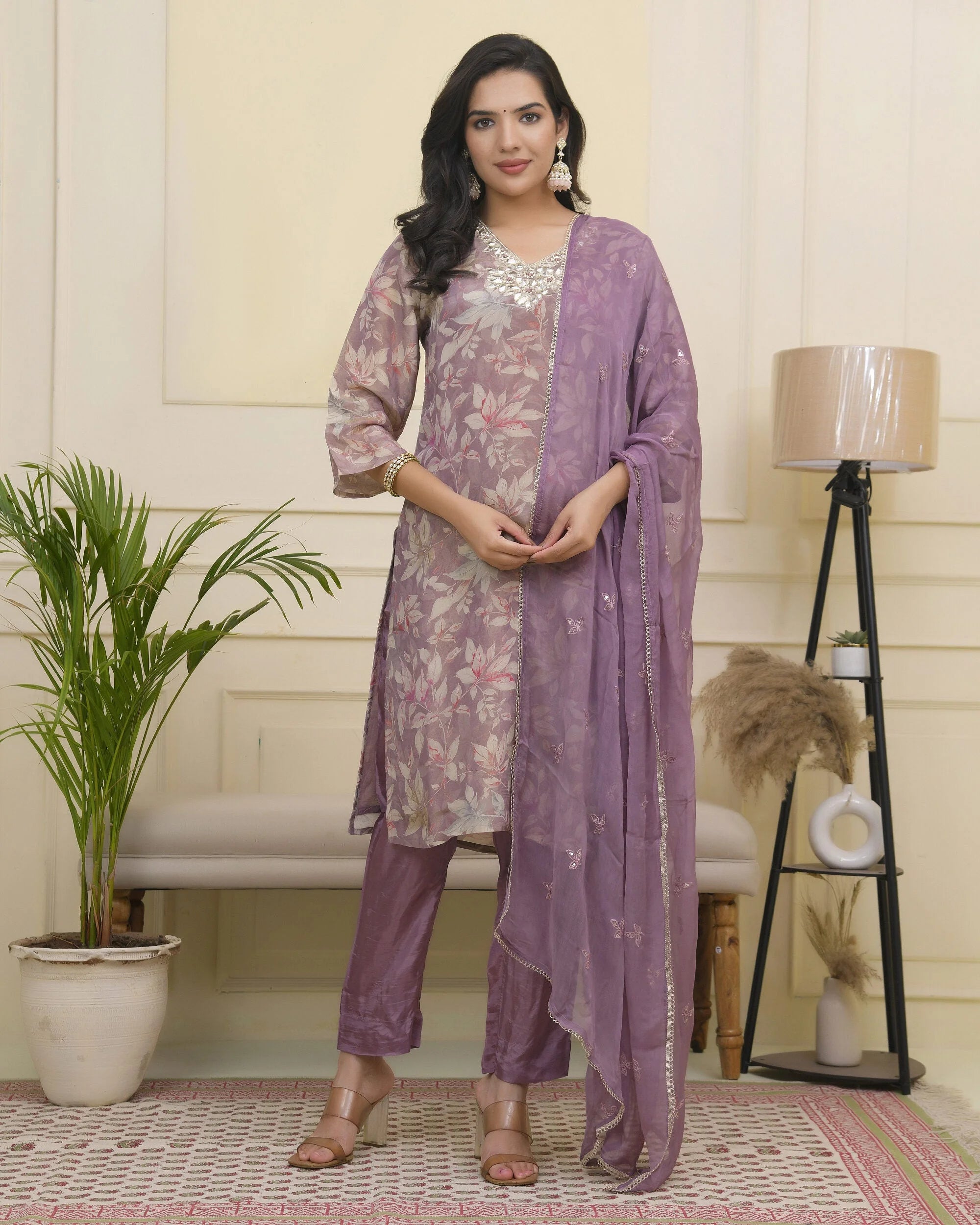 Women lavender tissue shimmer kurta with silk pant & dupatta