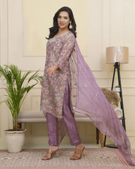 Women lavender tissue shimmer kurta with silk pant & dupatta-230VAASPURPLE