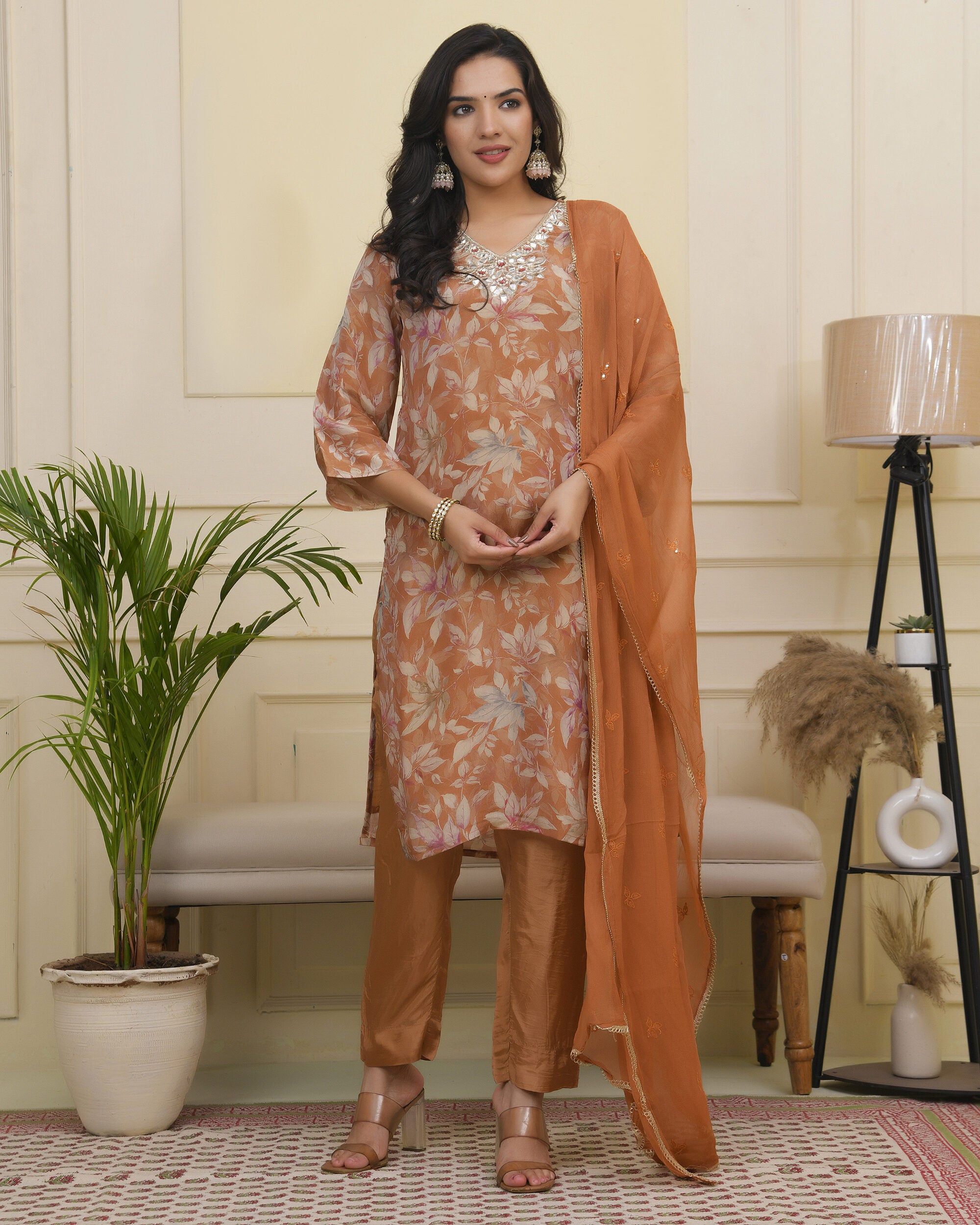 Women rust tissue shimmer kurta with silk pant & dupatta