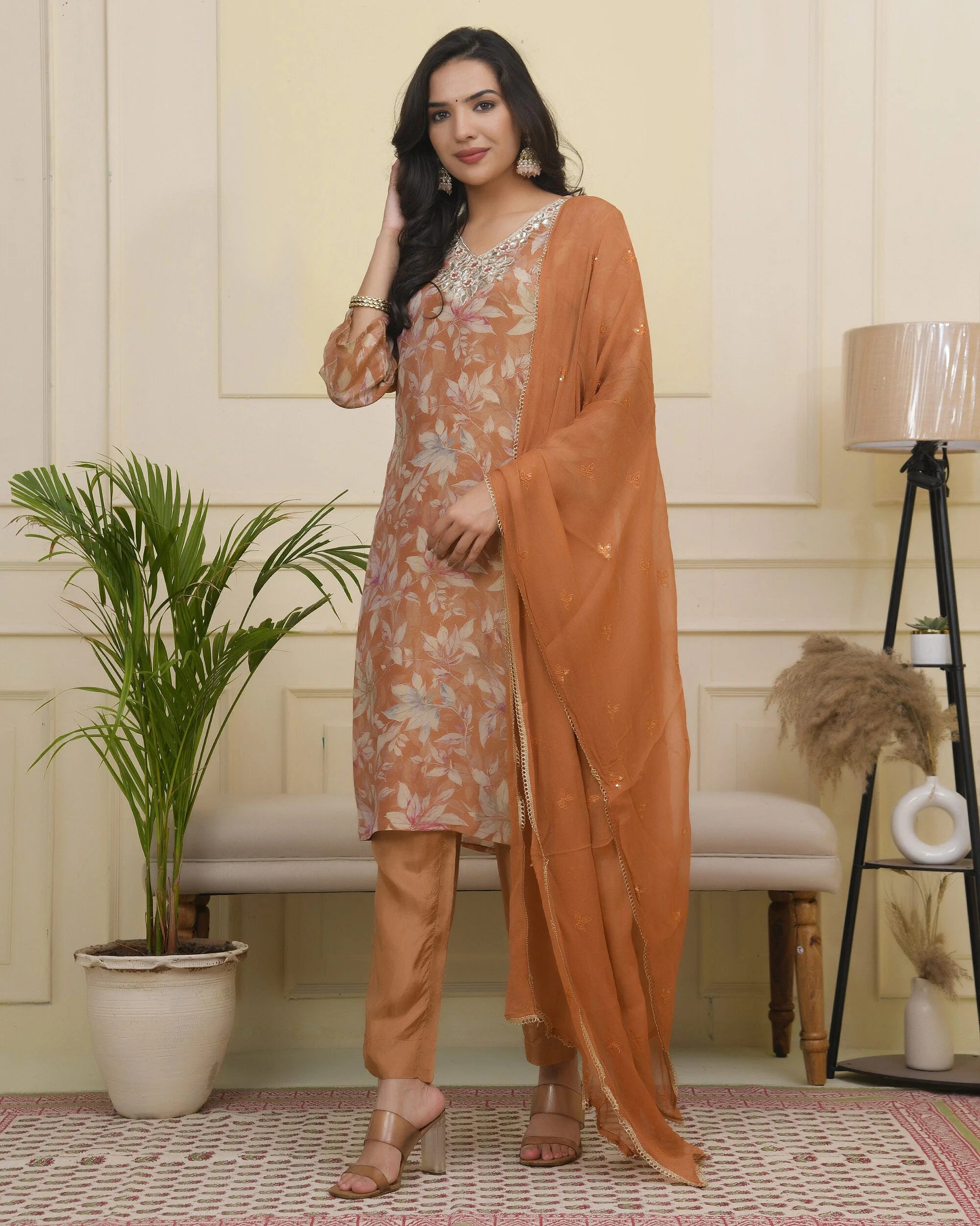 Women rust tissue shimmer kurta with silk pant & dupatta