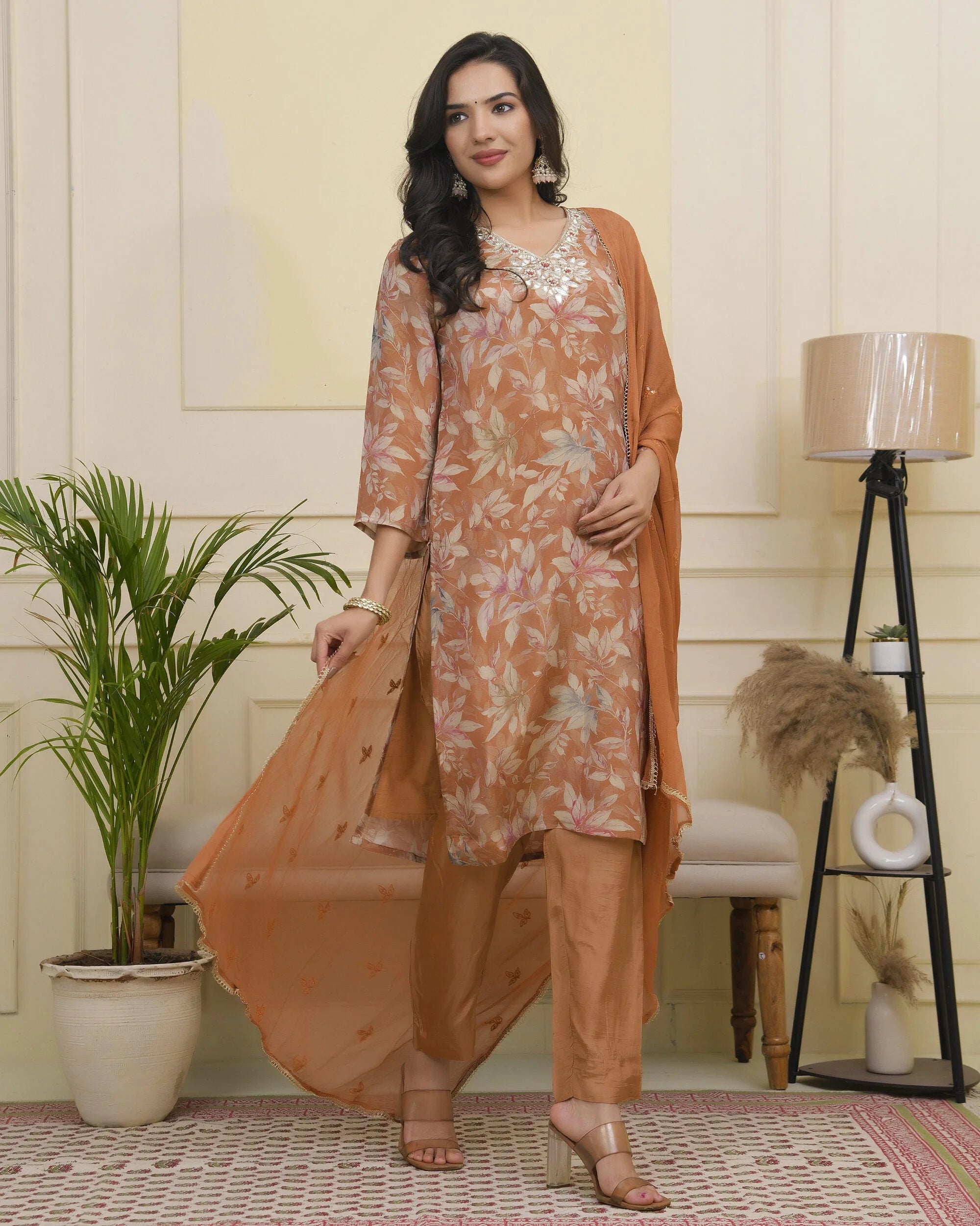 Women rust tissue shimmer kurta with silk pant & dupatta