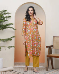 Women Mustard Cotton printed Straight Kurti with pant-231VAASMUSTARD