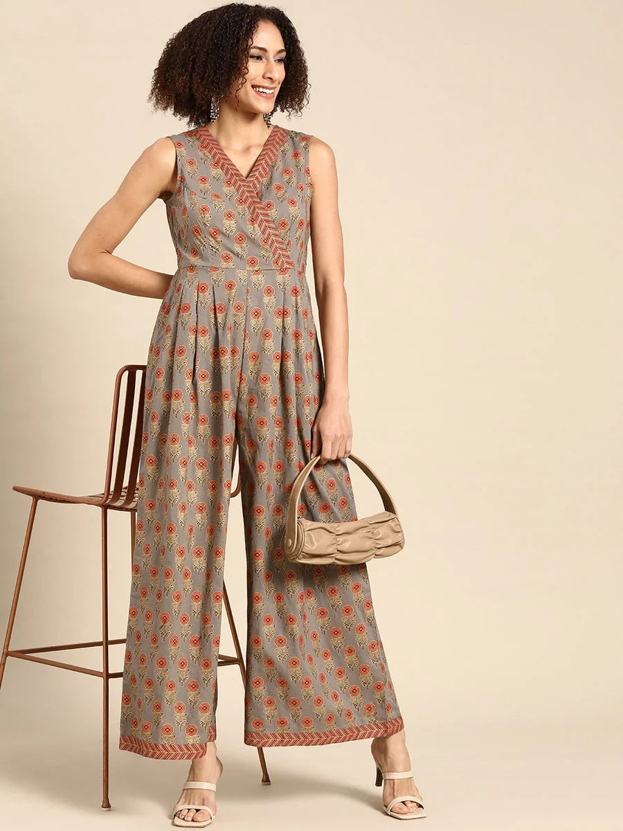 Grey Print Pleated Jumpsuit - Unique Women's Tops and Shirts