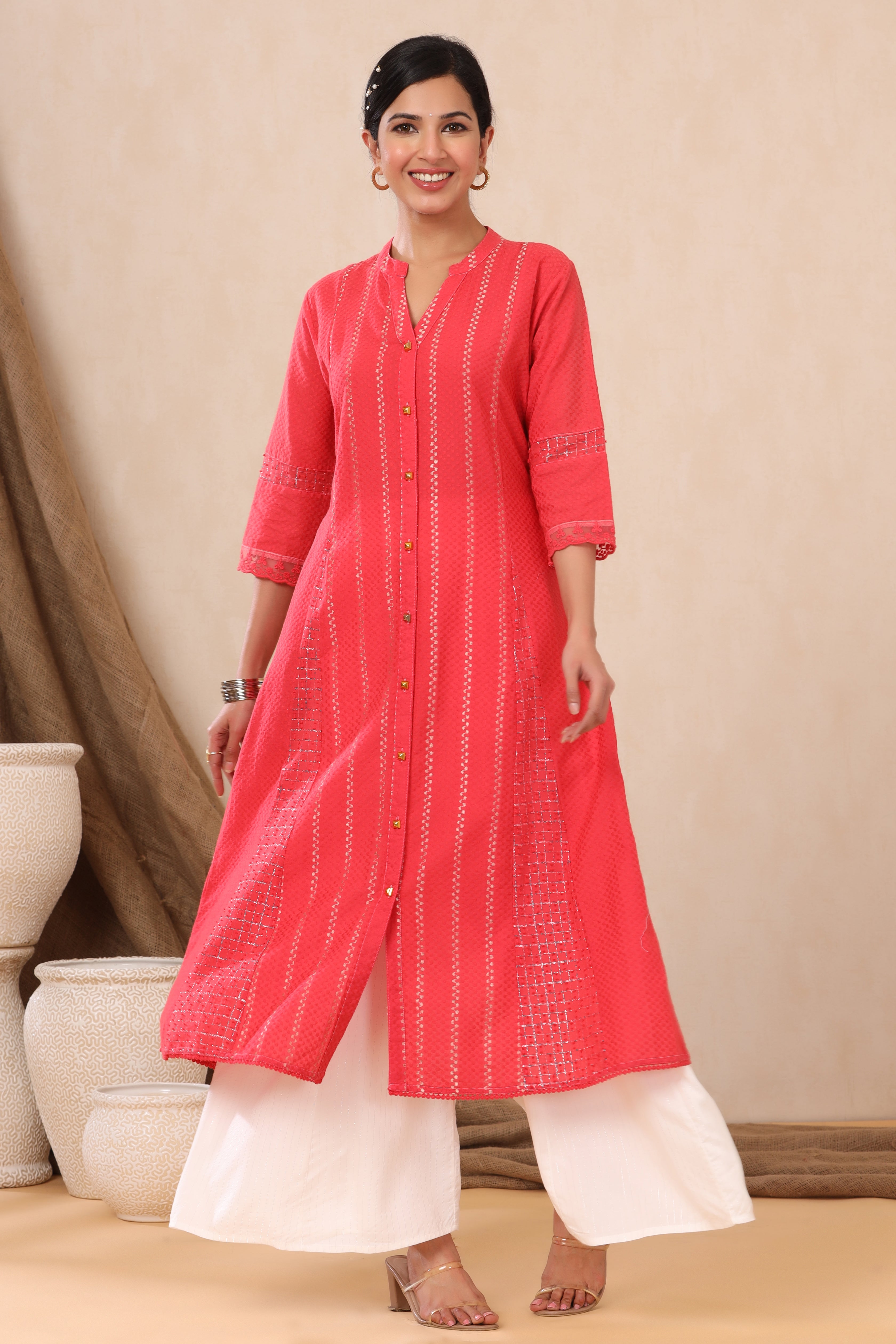 Red Cotton Dobby Printed A-Line Kurta with Mask | DesiQlo