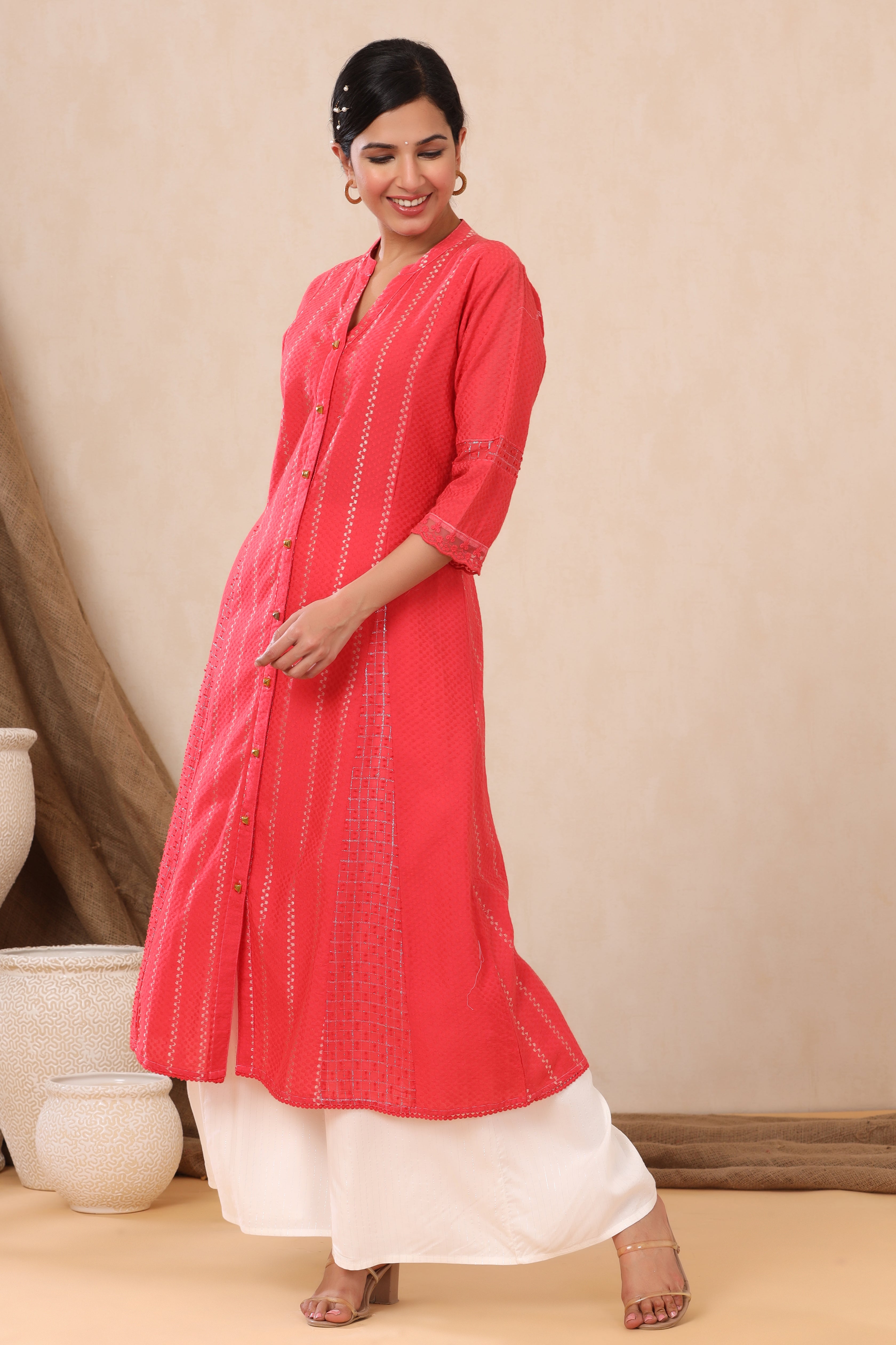 Red Cotton Dobby Printed A-Line Kurta with Mask | DesiQlo